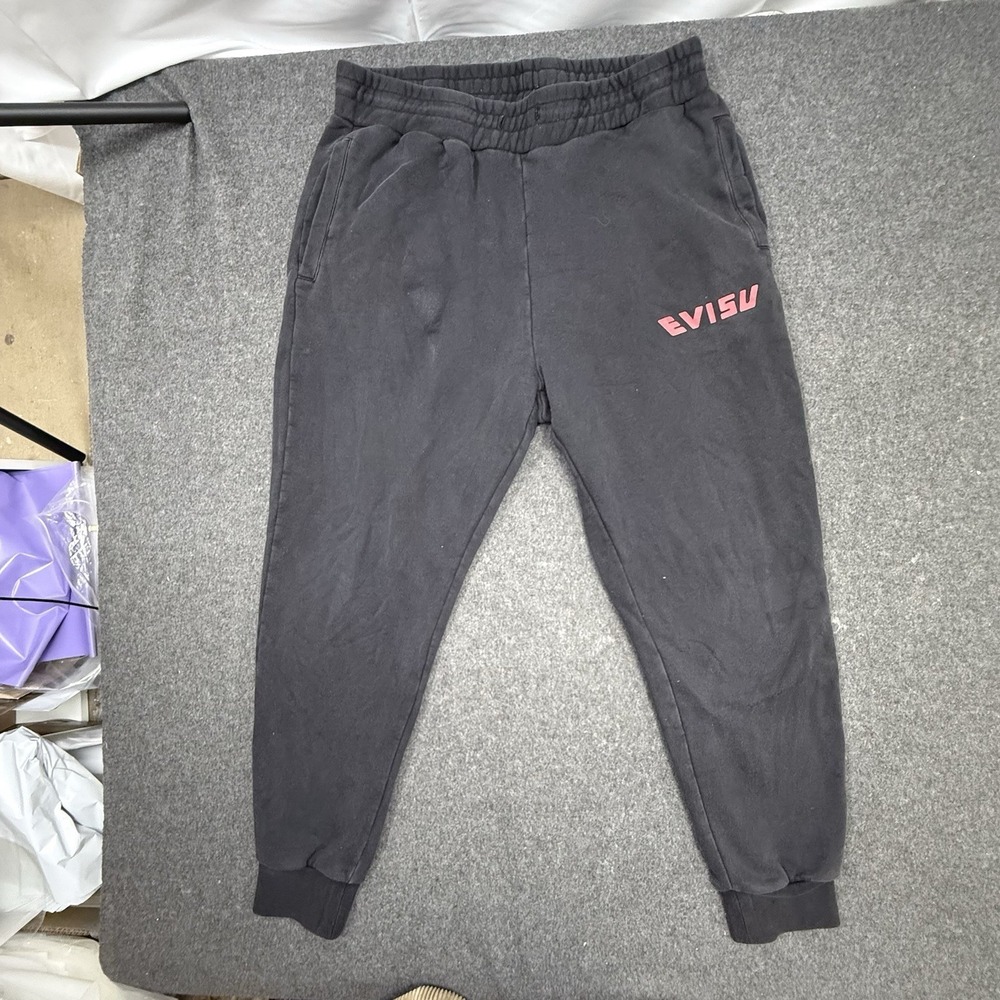 Evisu Women's Black Logo Joggers Sweatpants Size M Graphic Back